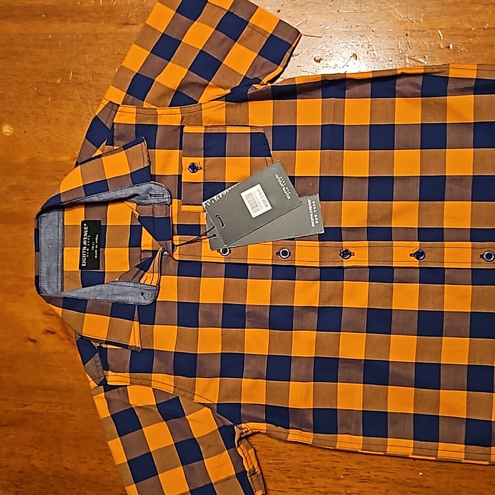 NWT Boys Navy Blue and Orange Check Button up collared short. Size 10/12. - Picture 5 of 6